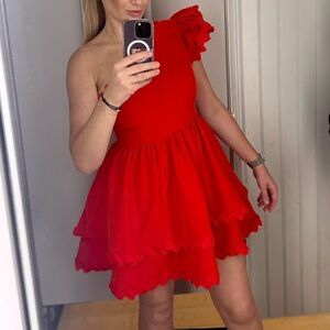 Red One-Shoulder Ruffle Mini Dress